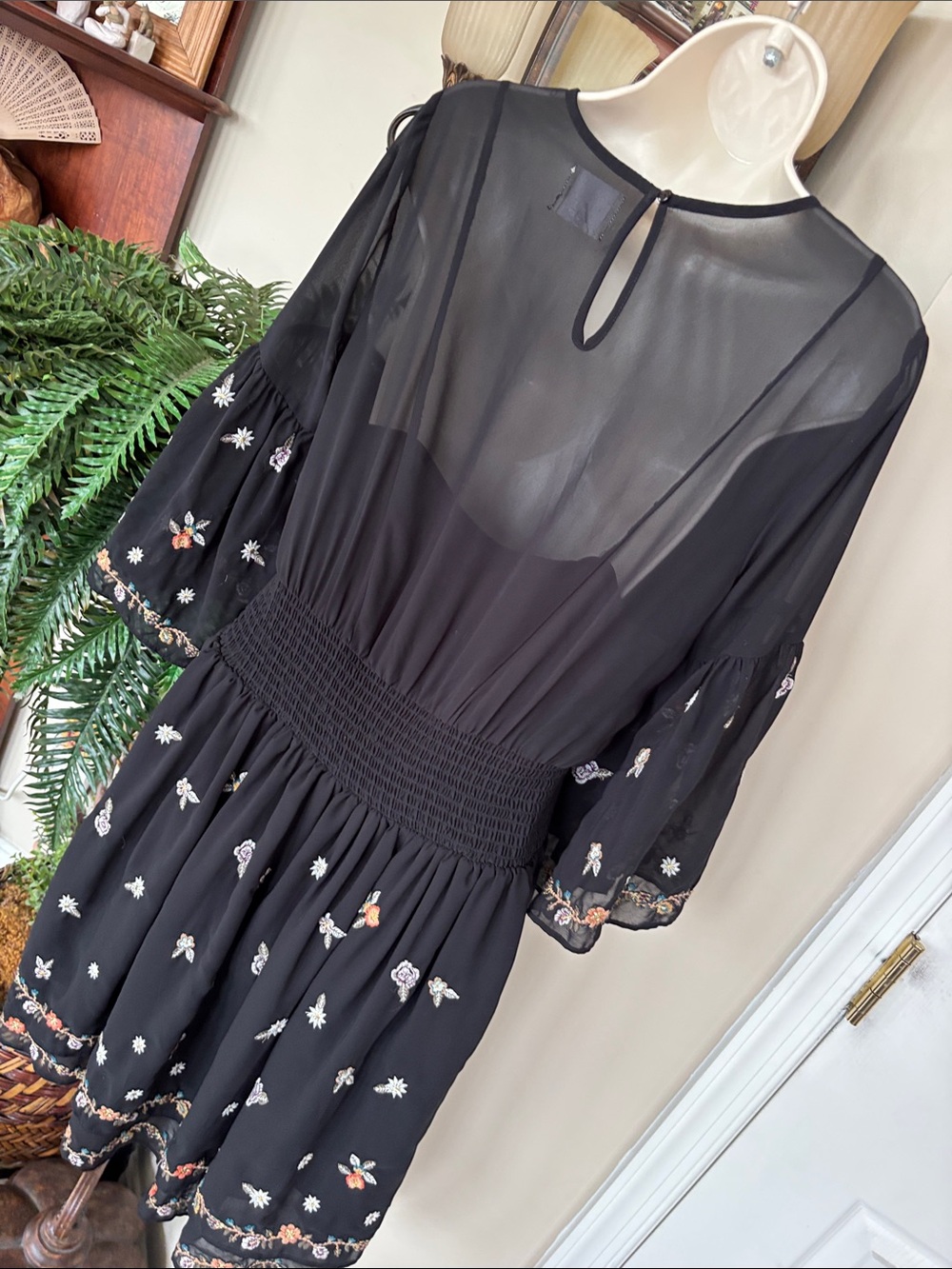 Maeve Anthropologie Black Floral Embroidered Layered Sheer Ruffle Mini Dress - Picture 11 of 15